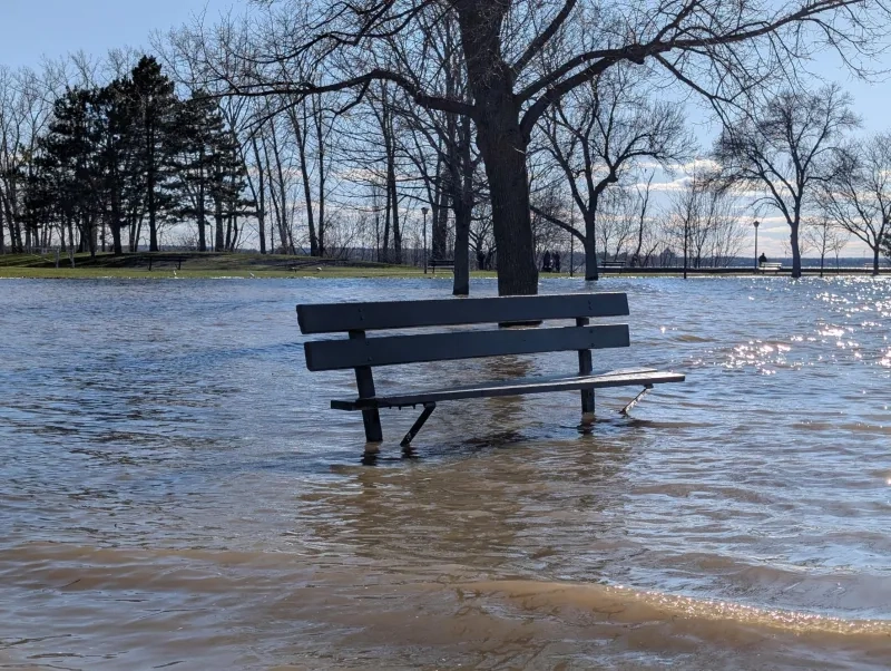 bench on flooded park in Ottawa