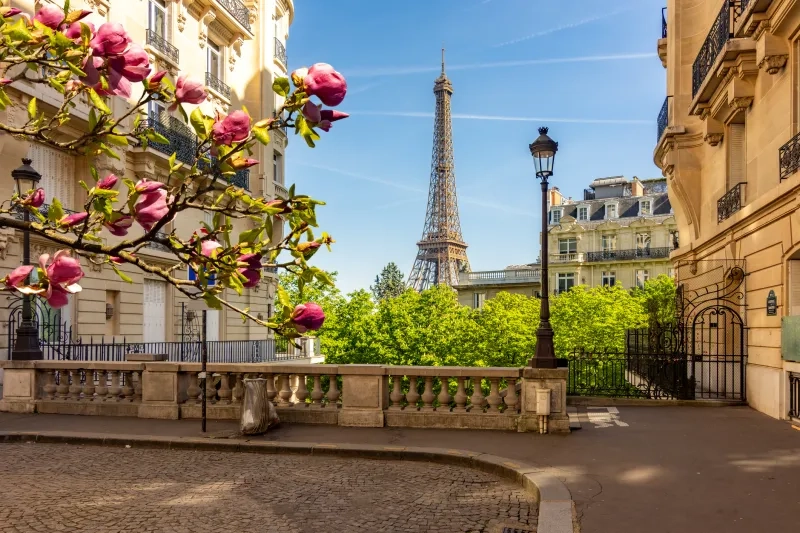 Eiffel Tower and streets of Paris in spring