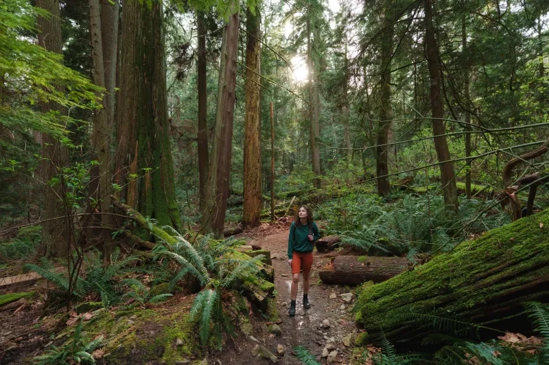 Woman exploring serene forest in Vancouver, Canada 