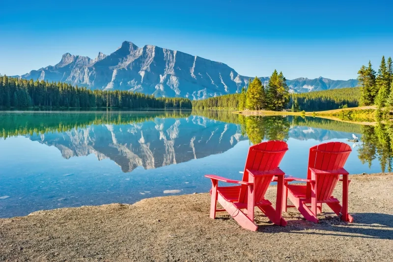 Tranquil landscape with Mt Rundle reflecting in Two Jack Lake, Banff National Park, Alberta