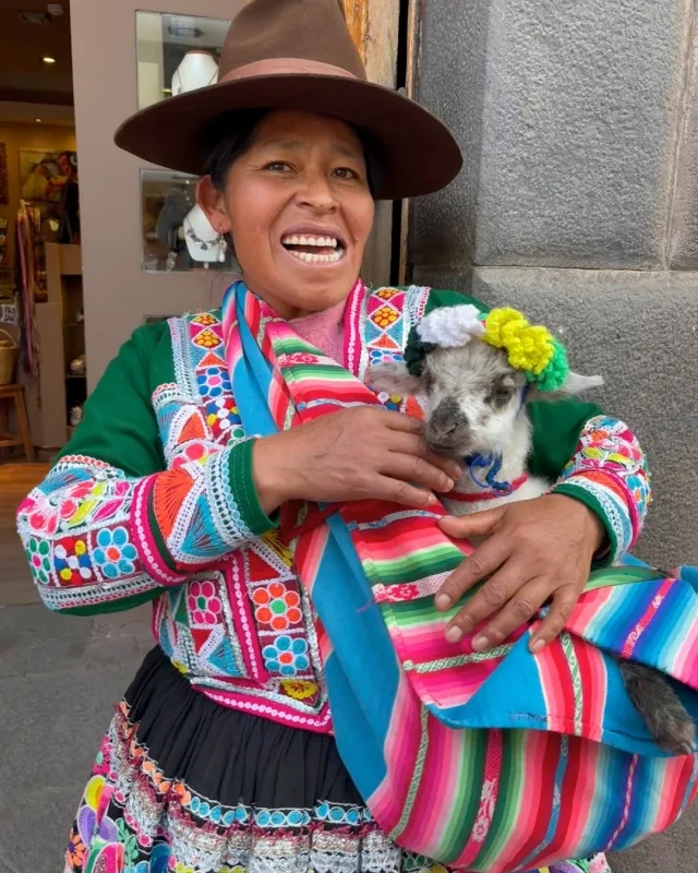 Woman in peru holding baby llama