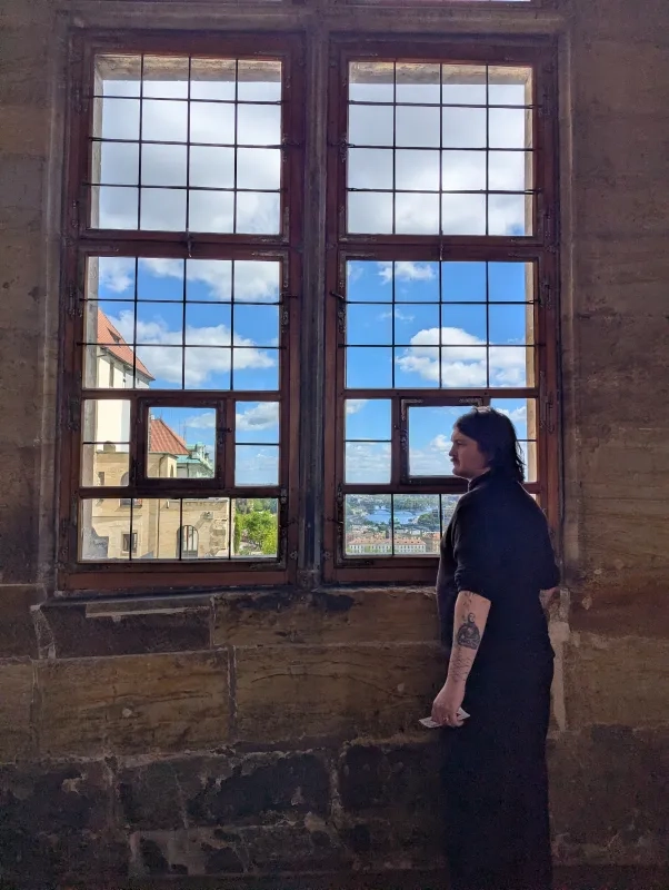 Jed reflecting at the window site of the Defenestrations of Prague.  