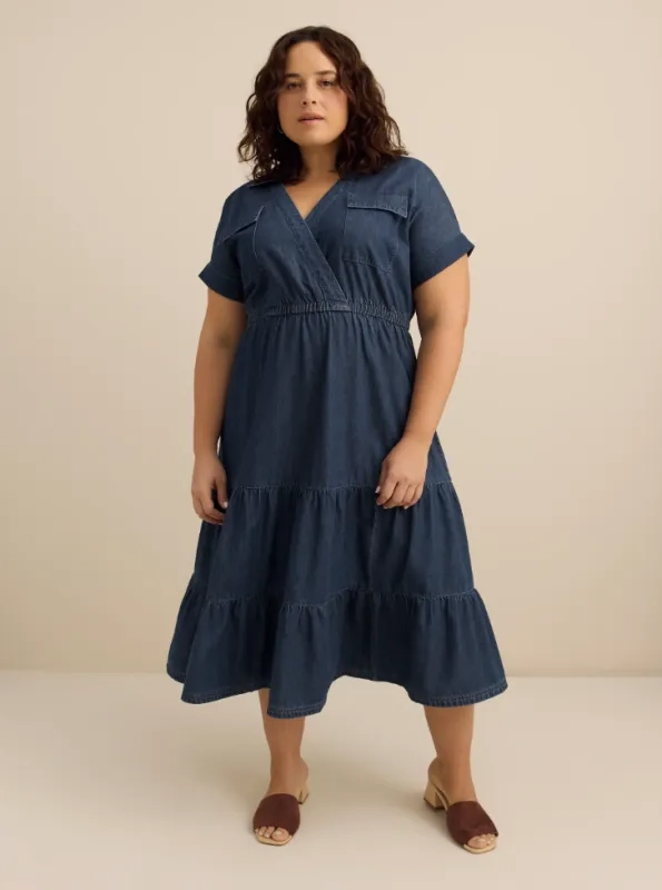 Denim midi utility shirt dress with tiered skirt
