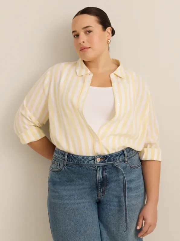 Striped linen blend buttoned-down tunic shirt