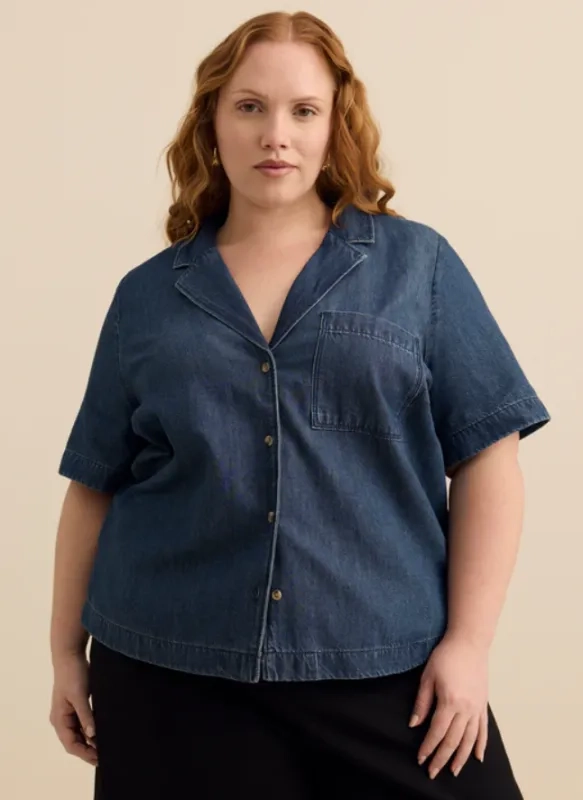 Camp collar loose denim blouse