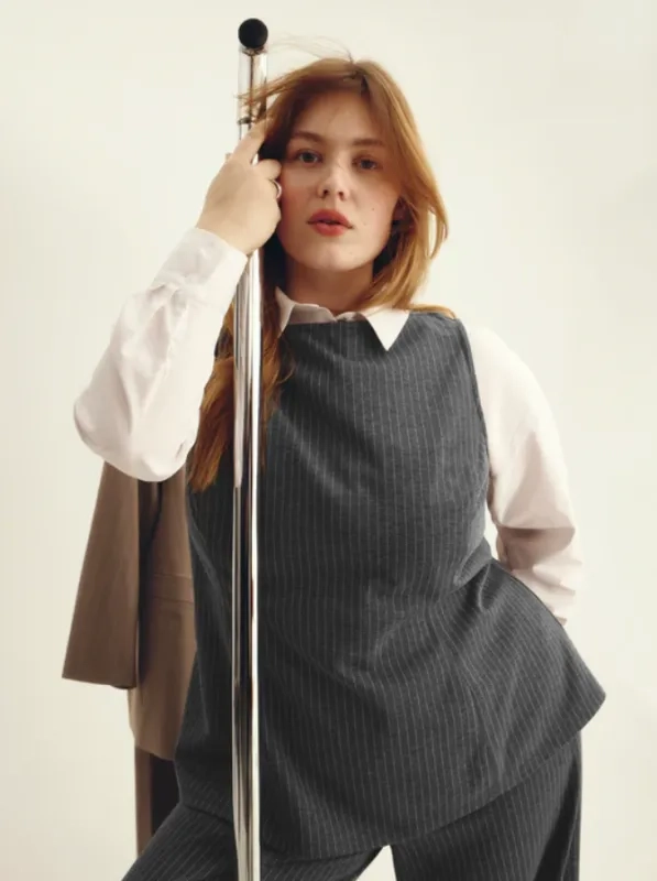 Gray pinstripe sleeveless boat-neck top