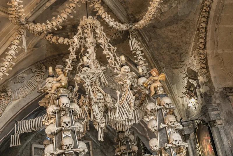 Arranged Human Skulls and Bones in Kostnice Church in Kutna Hora, Czech Republic