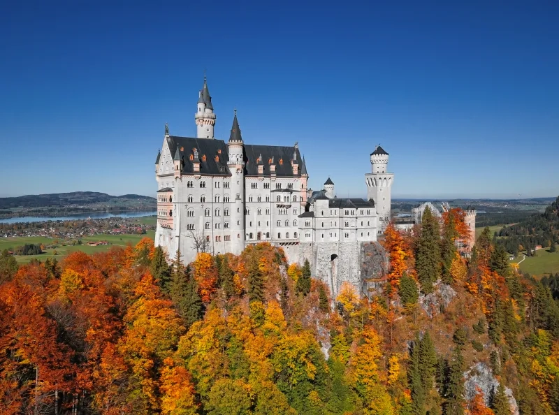 Aerial view of Neuschwanstein Castle in vibrant autumn forest 