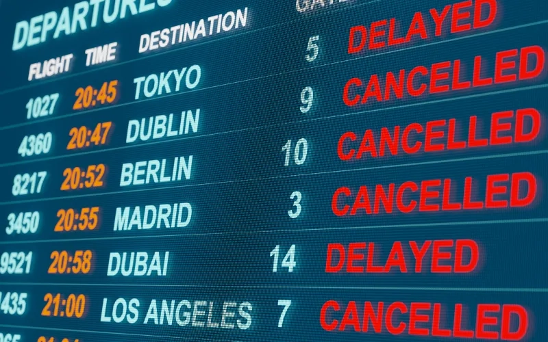 Close up monitor with flight departure board. Flights are cancelled or delayed. 