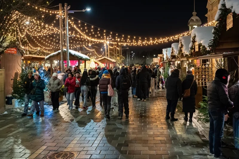 View of Ottawa Christmas Market with festive lights at night