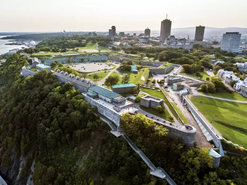 aerial helicopter view of the Citadel the old fortress of Quebec City skyline in background