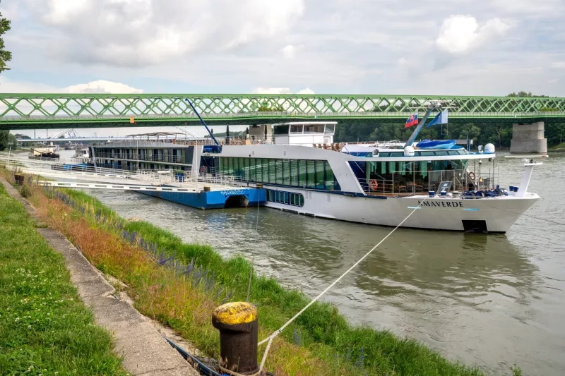 Bratislava, luxury river cruiser moored on Bratislava's Vajanského embankment on the Danube River.