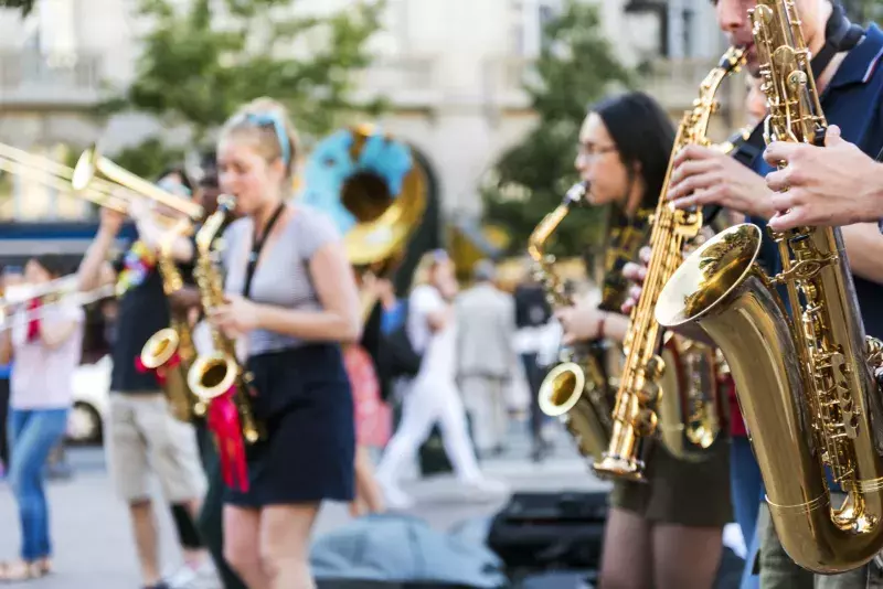 The bare brass band busking at Paris, France