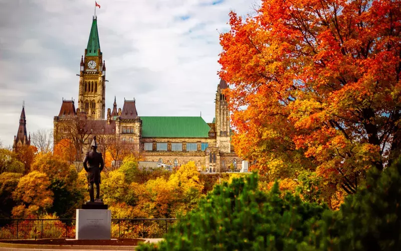 Public Statue Facing Canada's Parliament Hill in Ottawa, Ontario During Autumn