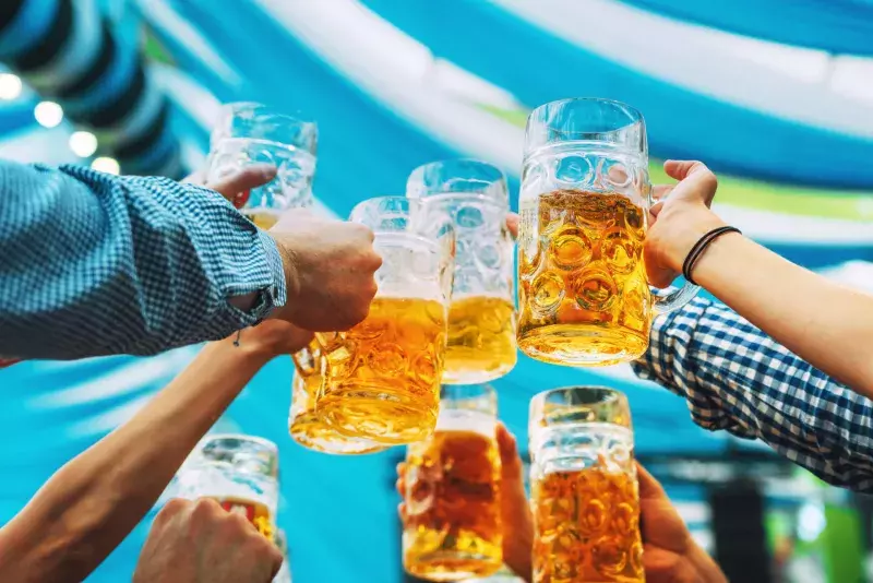 beer glasses in tent at Octoberfest in Munich