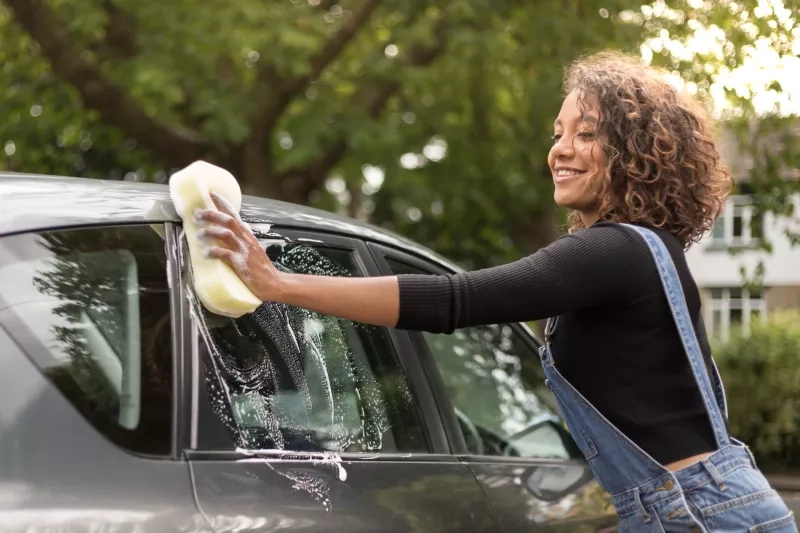 woman washing car on driveway