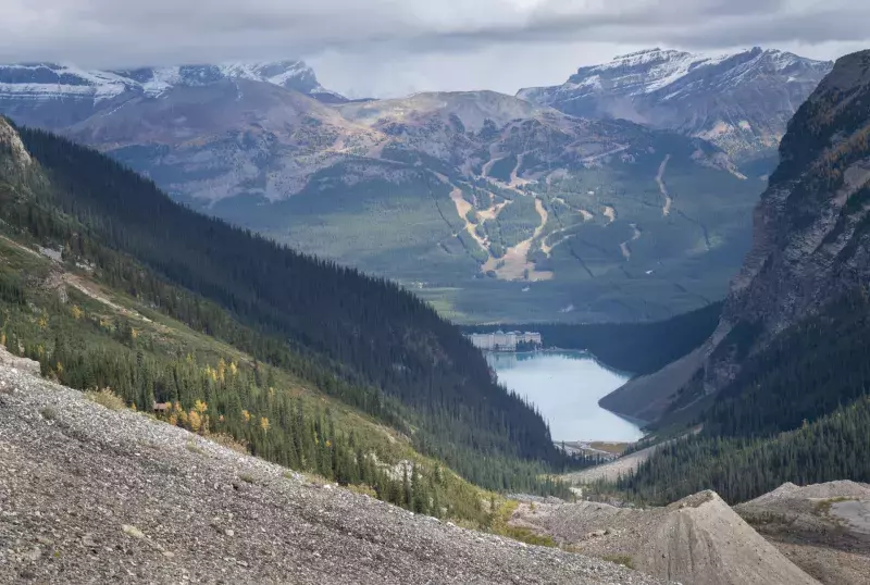 View of Lake Louise from the Plain of Six Glaciers Trail in Banff National Park, Canada.