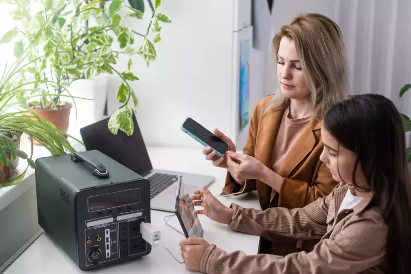 mother and daughter use a portable charging station