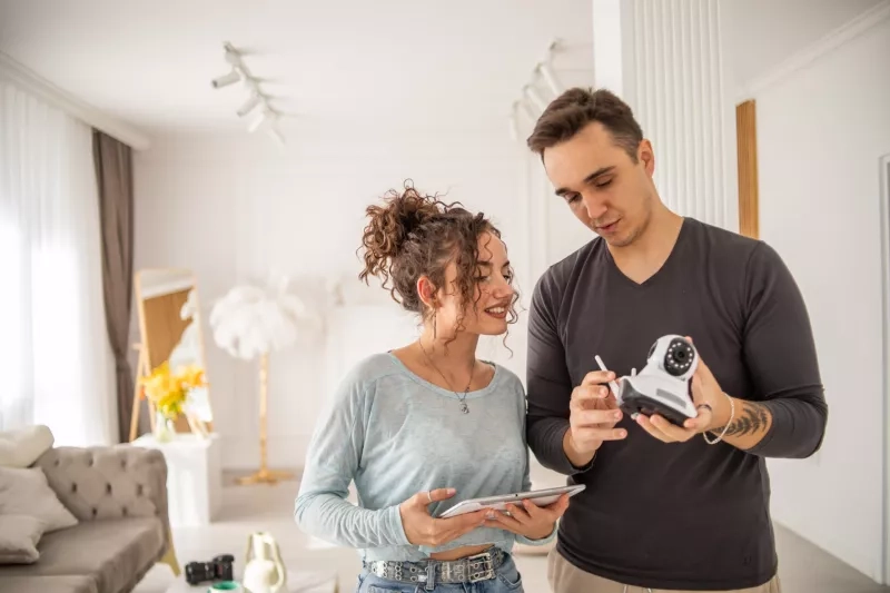 A young couple, a man and a woman, are setting up a security camera for home surveillance in their apartment